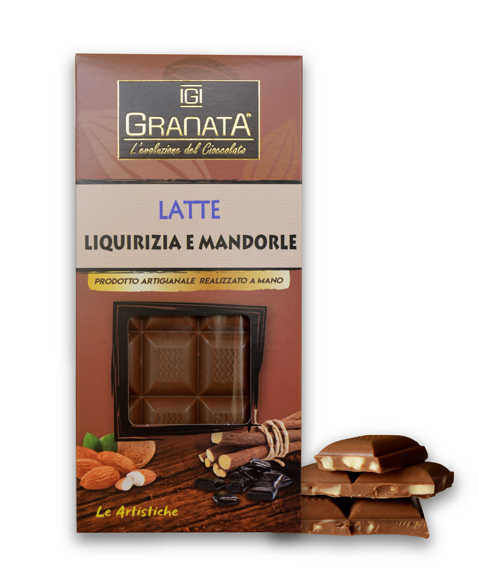 Tavoletta Granata Cioccolato Latte Liquirizia e Mandorle Le Artistiche